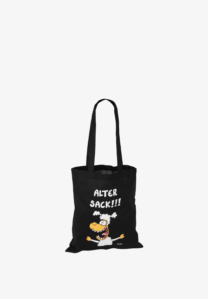 Borsa a tracolla in cotone nero con due manici, caratterizzata da un'illustrazione di una pecora in stile cartone animato e dal testo "ALTER SACK!!!" in bianco.