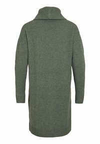 Longue robe pull en tricot vert olive avec col roulé, manches longues et bordures côtelées aux poignets et à l'ourlet, vue de dos.