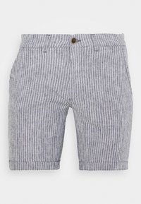 Pánské šortky šedobílé barvy s vertikálním pruhem, s předním knoflíkem a poutky na opasek, s ohrnutým lemem.