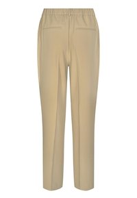 Beige skräddarsydda byxor med resårmidja och två bakfickor med slits, visade bakifrån på vit bakgrund.