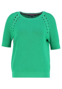 Grøn kortærmet sweater med ribbet tekstur og dekorative udsparinger på ærmerne; har en rund halsudskæring og tætsiddende bund.