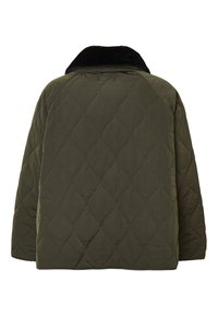 Grüne gesteppte Jacke mit einem schwarzen Plüschkragen. Sie hat eine kastige Form und ein Rautenmuster auf der Oberfläche.