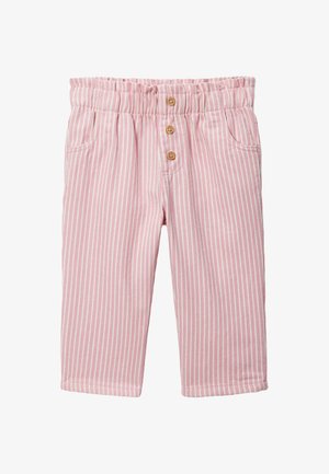 Pantalon rayé vertical rose et blanc avec taille élastique, trois boutons marron à l'avant et poches latérales.