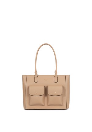 Beige leren tote bag met twee voorflapzakken en dubbele handvatten, met minimale stiksels en een gladde textuur.