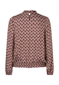 Langermige blouse van lichtgewicht stof, met een bordeauxrood en crème geometrisch patroon, gerimpelde zoom en een keyhole-detail op de rug.