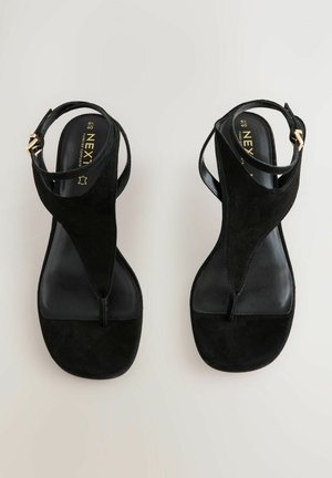 Zwarte suede sandalen met een teenpost ontwerp, verstelbare enkelband en een platte, soepele zool. Gouden hardwareaccent op de band.