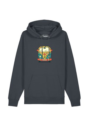 Sweat à capuche gris foncé avec une illustration colorée de van vintage comportant des symboles de paix, des fleurs et le mot "PEACE" sur la plaque d'immatriculation avant.