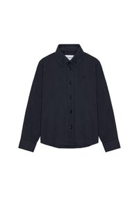 Πουκάμισο σε ναυτικό μπλε χρώμα με κουμπιά, μακριά μανίκια, μανσέτες με κουμπιά και διακριτική λεπτομέρεια με λογότυπο στο στήθος· υφή υφάσματος με λεία επιφάνεια.