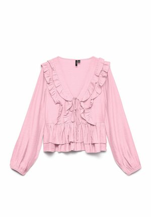 Blusa rosa chiaro a maniche lunghe con scollo a V profondo, rifinitura arricciata lungo lo scollo e davanti, dettaglio con laccio sul davanti e orlo a balze sovrapposte.