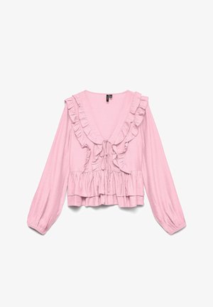 Lyserød bluse med lange ærmer med dyb V-udskæring, flæsekanter langs udskæringen og foran, bindebånd foran og lagdelt flæsekant.