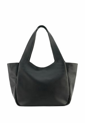 Schwarze Leder-Tote-Bag mit weicher Textur, weitem offenen oberen Teil und zwei langen Griffen, die ein minimalistisches Design ohne äußere Hardware aufweist.