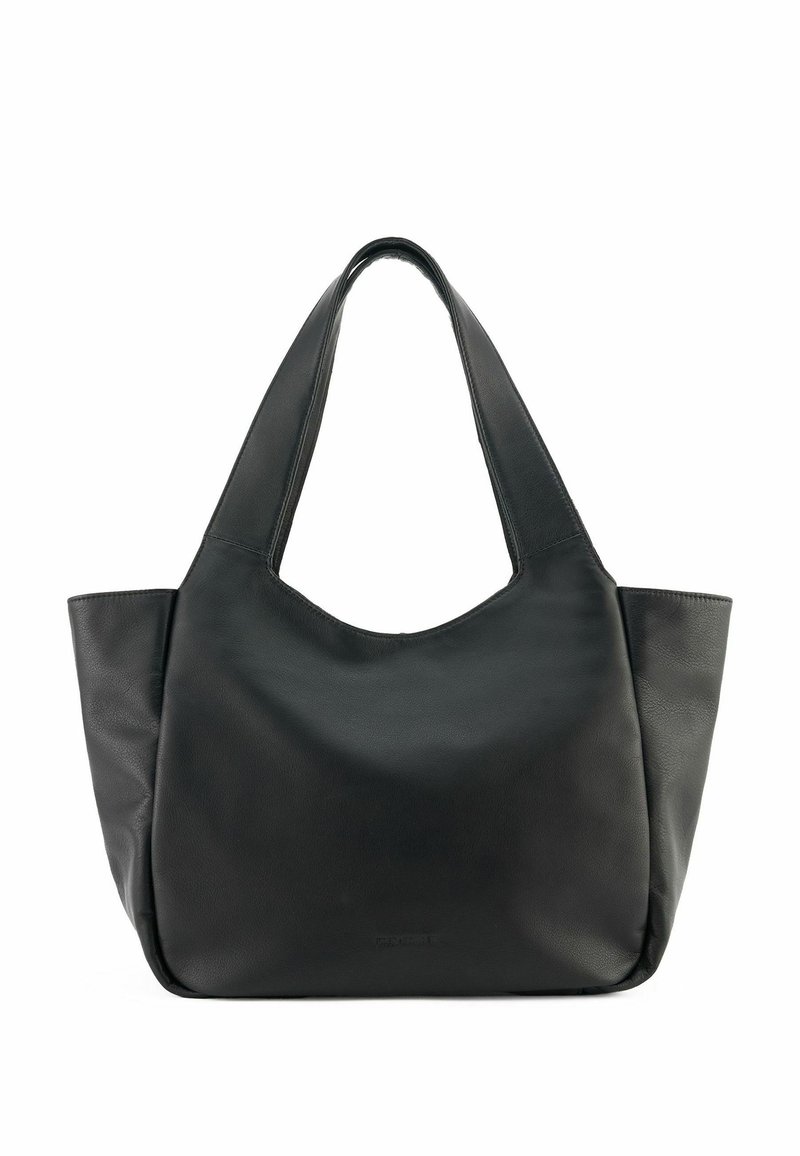 Borsa tote in pelle nera con texture morbida, apertura ampia in alto e due manici allungati, caratterizzata da un design minimalista e senza hardware esterno.