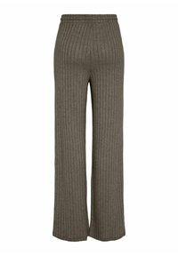 Pantalon taille haute, jambes larges en tissu tricoté gris côtelé avec une taille élastique, vu de dos.