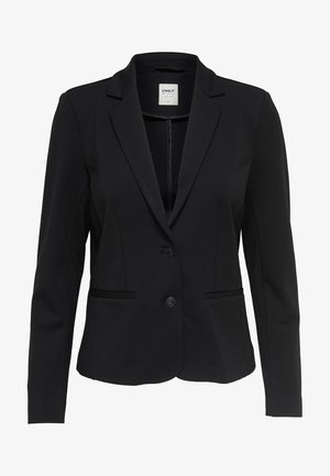 Fekete, elegáns zakó, sima anyagból készült, kivágott hajtókkal, két elülső zsebbel és két gombos záródással.