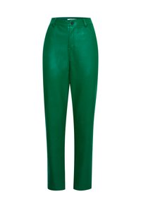 Pantalones de cuero verde de cintura alta y pierna recta con pasadores para cinturón, botón frontal y bolsillos laterales.