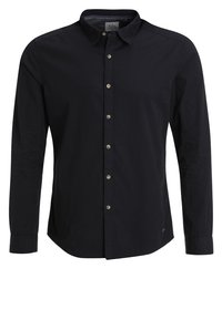 Zwart overhemd met lange mouwen, knoopsluiting, kraag, metalen knopen, gladde textuur, nauwsluitende pasvorm en een afgeronde zoom.