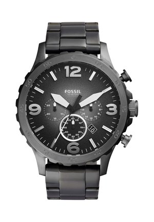 Sort Fossil kronografklokke med sølvmarkører, datovisning kl. 4, tre underskiver og metallarmbånd.