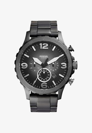 Reloj cronógrafo negro Fossil con marcadores plateados, visualización de fecha a las 4 en punto, tres subesferas y pulsera de eslabones metálicos.