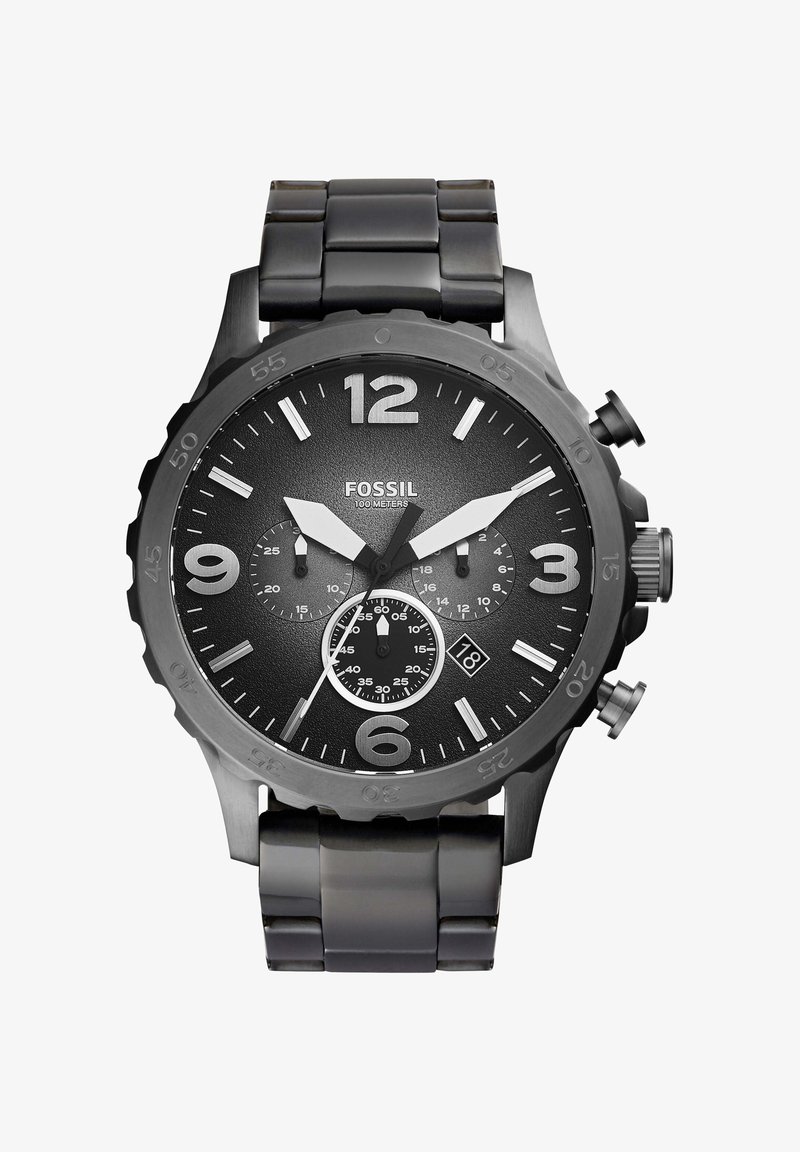 Montre chronographe noire Fossil avec index argentés, affichage de la date à 4 heures, trois sous-cadrans et bracelet à maillons métalliques.