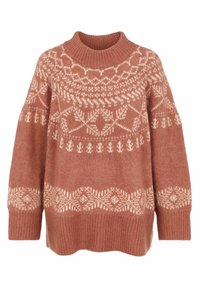 Gestreifter Pullover in gedämpftem Rosaton mit hohem Kragen, der ein cremefarbenes geometrisches Muster sowie gerippte Bündchen und Saum aufweist. Weicher Stoff und oversized Passform.