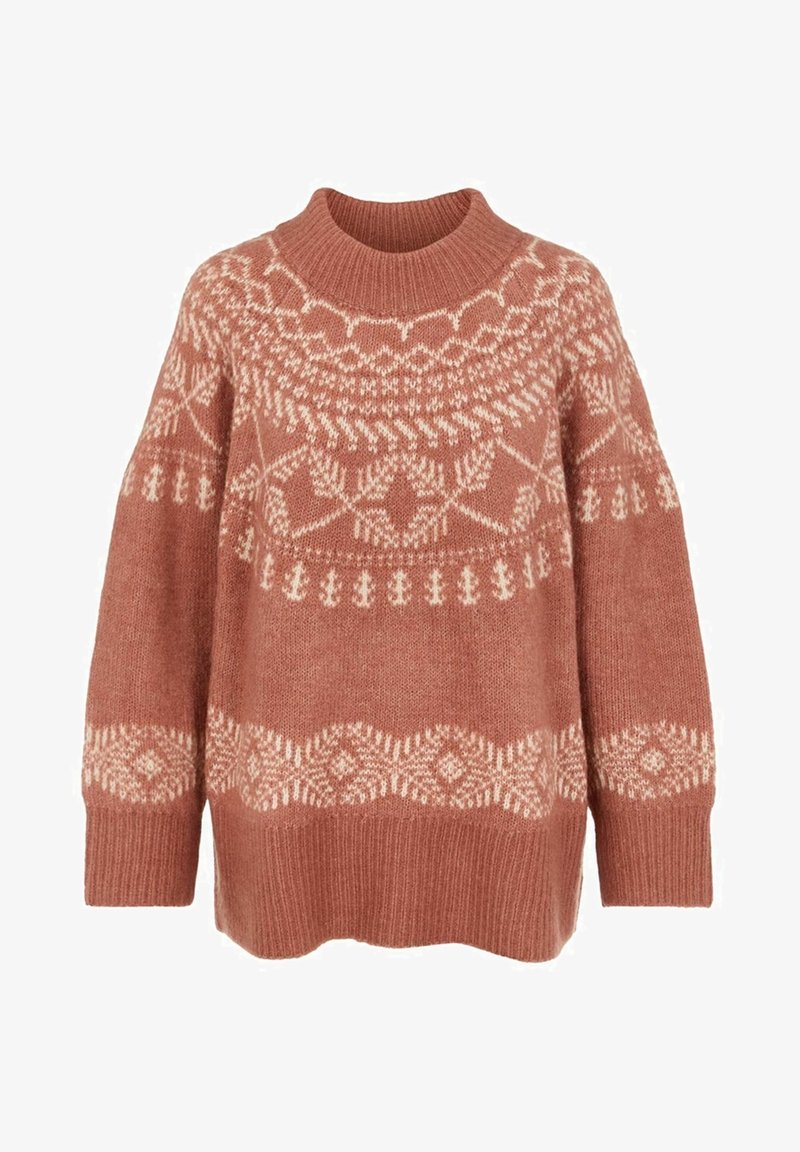 Gestreifter Pullover in gedämpftem Rosaton mit hohem Kragen, der ein cremefarbenes geometrisches Muster sowie gerippte Bündchen und Saum aufweist. Weicher Stoff und oversized Passform.