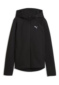 Felpa nera con zip, maniche lunghe, cappuccio con coulisse e logo Puma bianco sul petto a sinistra.