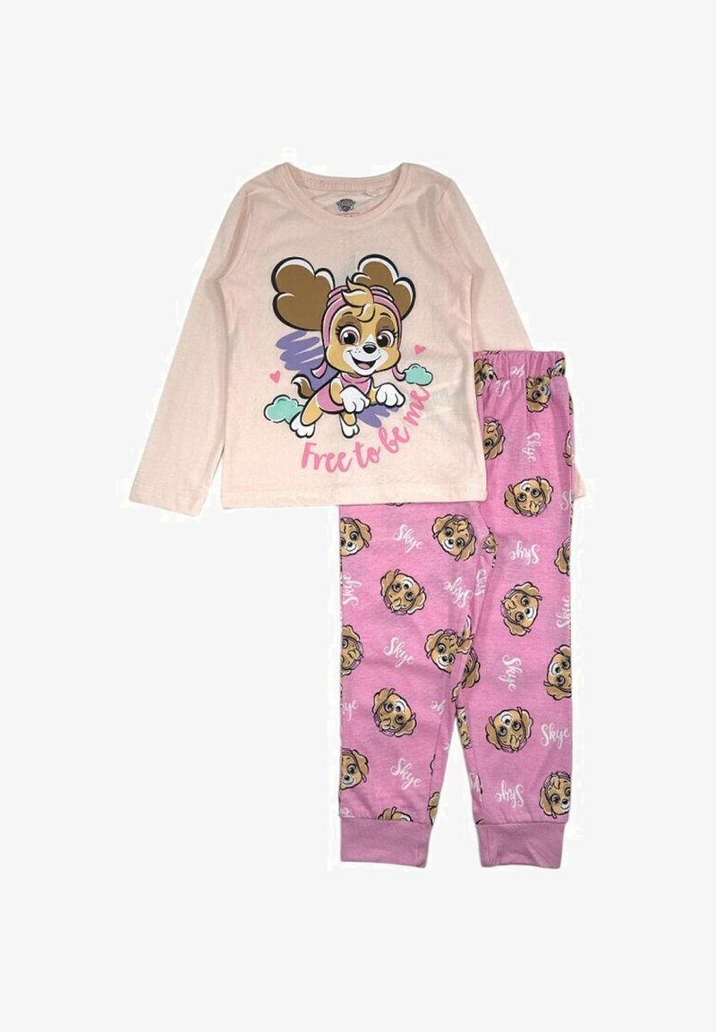 Haut de pyjama à manches longues rose pâle avec un graphique de chien de dessin animé ; bas de pyjama roses avec un motif répétitif de têtes de chien et le texte "Skye". Tissu doux.