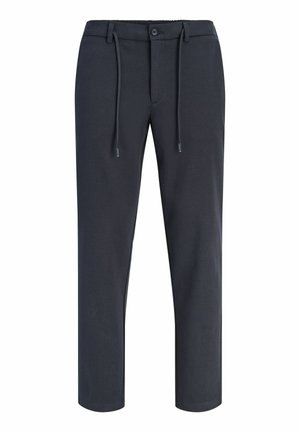 Pantalon décontracté bleu marine foncé avec taille élastique, fermeture par bouton et zip, passants de ceinture, poches latérales et cordons à l'avant.