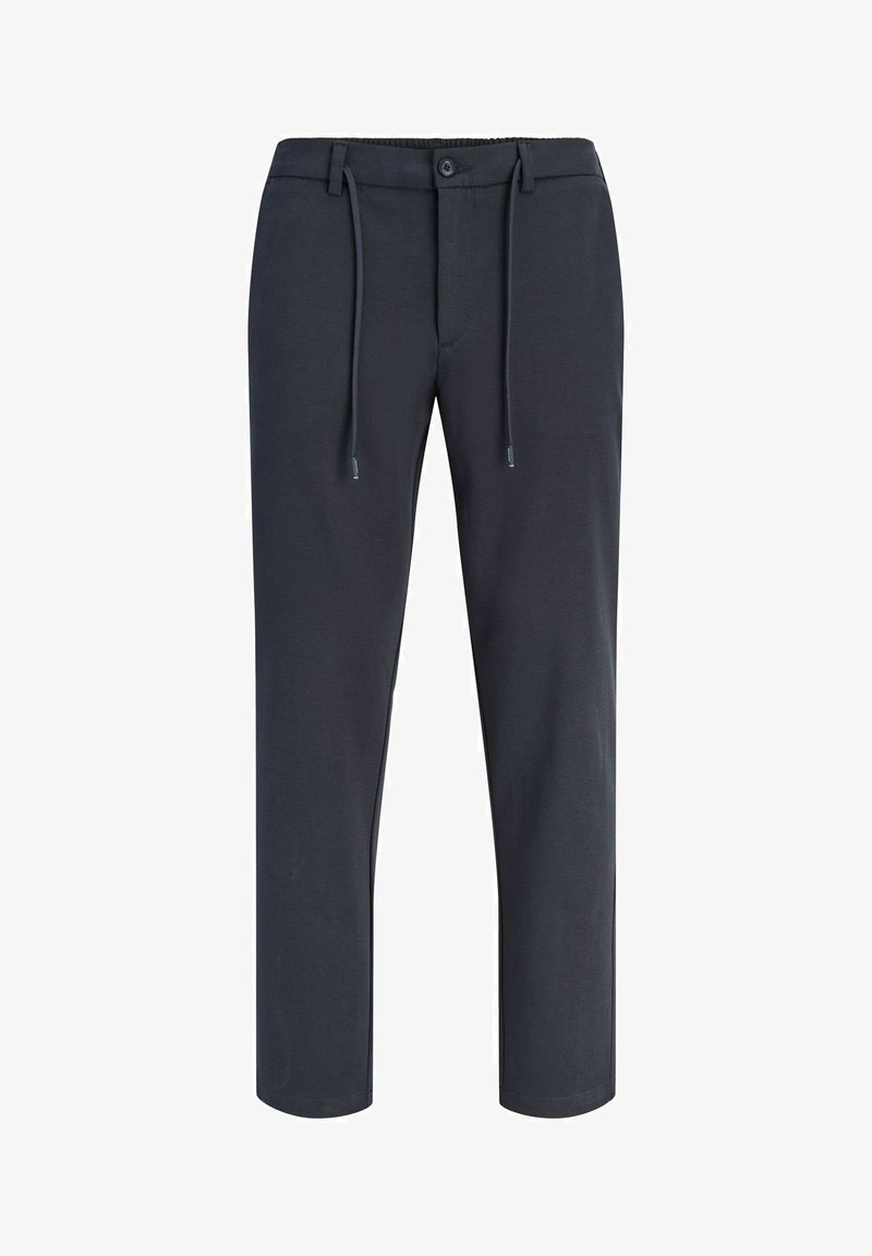 Pantalon décontracté bleu marine foncé avec taille élastique, fermeture par bouton et zip, passants de ceinture, poches latérales et cordons à l'avant.