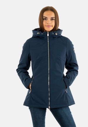 Marineblauwe windbreakerjack met een capuchon, zilveren rits aan de voorkant, zijzakken en verstelbare koordjes bij de capuchon voor een getailleerde look.