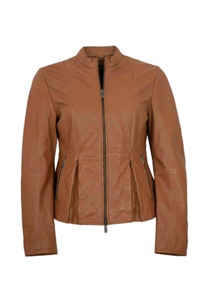 Braune Lederjacke mit Frontreißverschluss, hohem Kragen, langen Ärmeln und seitlichen Reißverschlusstaschen, taillierte Passform.