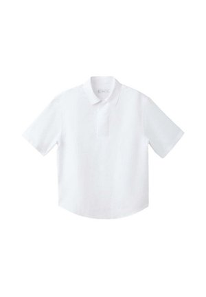 White short-sleeve polo shirt with a collar and three-button placket, laid flat on a white background.