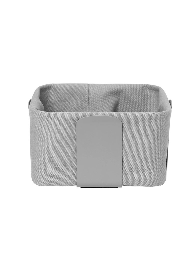 Szary kosz do przechowywania o prostokątnym kształcie, z solidnym szarym uchwytem i teksturowanym materiałem. Otwarty górny, minimalistyczny design.