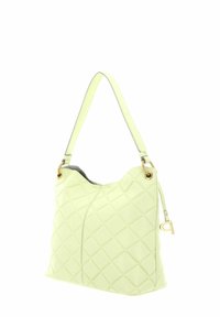 Quilted light yellow leather bag with a curved shape, soft texture, gold hardware accents, and a single adjustable strap.