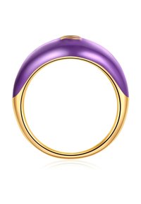 Violetinė ir auksinė žiedas su lygiu, apvaliu dizainu. Auksiniai akcentai apibrėžia vidinę juostą, pabrėždami kontrastingą matinę violetinę apdailą.