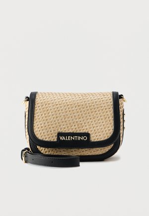 Beige woven crossbody bag with black trim, adjustable strap, and gold Valentino logo on the front flap.