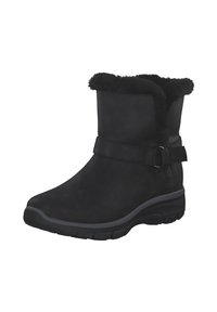 Bottine en daim noir avec un col en fausse fourrure doux, une sangle réglable et une semelle en caoutchouc texturée pour une bonne adhérence et une stabilité.