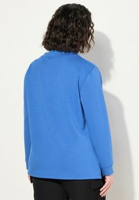 Felpa blu a maniche lunghe con colletto rotondo, fessure laterali e polsini a coste. Tessuto morbido con una consistenza liscia, design semplice.