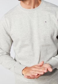 Sudadera gris claro hecha de tela suave, con cuello redondo, puños acanalados y un pequeño logo en el pecho. Textura suave.