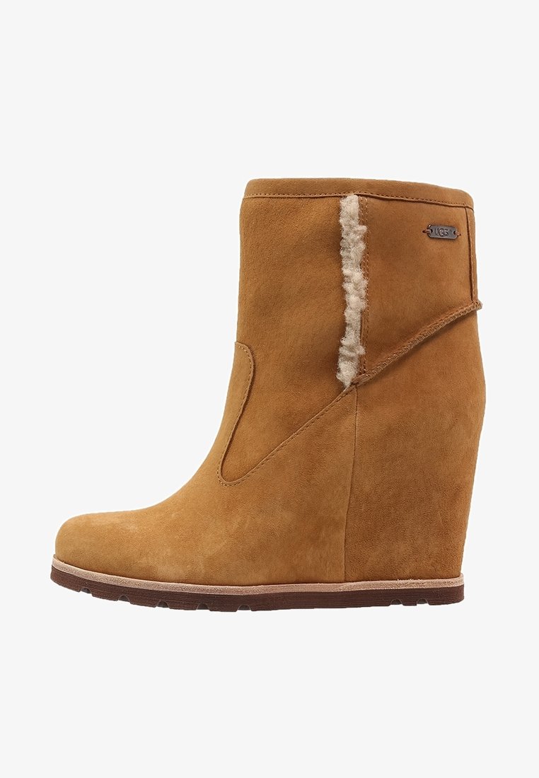 Bottines à talon compensé en suede marron avec une texture lisse, doublure en fourrure, design asymétrique et un subtil accent en métal avec logo sur le côté.