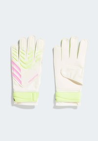 Guanti da portiere bianchi con accenti rosa e verdi, dotati di un palmo testurizzato, cinturino regolabile per il polso e un motivo distintivo sulle dita.