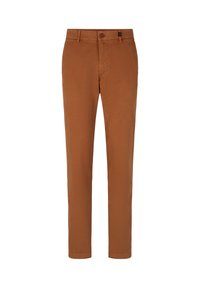 Braune Baumwollhosen mit geradem Bein, Knopfverschluss und Fronttaschen. Glatte Textur und keine sichtbaren Muster oder Akzente.