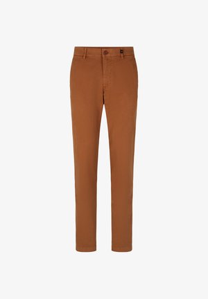 Pantalons en coton marron avec un design à jambe droite, une fermeture à bouton et des poches avant. Texture lisse sans motifs ni accents visibles.