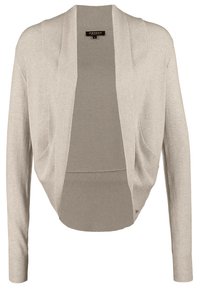 Cardigan en maille côtelée beige clair à ouverture frontale avec manches longues et col châle drapé.