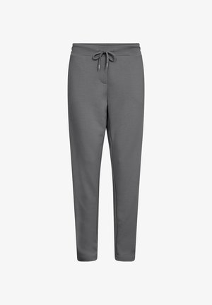 Graue Jogginghosen mit einem Zugbandbund, tailliertem Bein Design und glatter Textur; keine sichtbaren Taschen oder Muster.