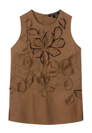 Braunes ärmelloses Oberteil mit großem floralen Cut-Out und gestickten Mustern auf der Vorderseite, rundem Ausschnitt und seitlichen Schlitzen.