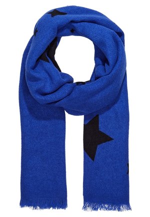 Écharpe en laine bleue avec motifs d'étoiles noires, pliée de manière lâche avec des bords frangés.