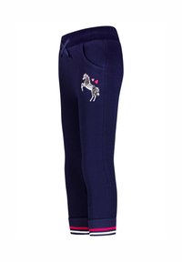 Marineblaue Jogginghose mit schmal zulaufender Passform, versehen mit einer weißen Pferdegrafik und rosa Herzen. Akzente setzen gestreifte, gerippte Bündchen und ein Kordelzug an der Taille.