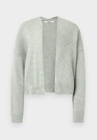 Lichtgrijze gebreide cardigan met een open voorkant, drop schouders en geribde manchetten. Zachte textuur met een subtiele heatherpatroon.