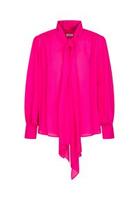 Blusa fucsia con maniche lunghe e a sbuffo, dettaglio al collo con nodo e tessuto liscio e leggero. Caratterizzata da un colore solido senza motivi.